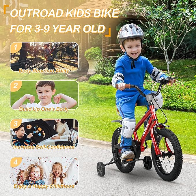 Outroad Kids Bike for Boys Girls Age 3-9 Years Old, 14 16 18 Inch Kid's Bike with Training Wheels, Children Bicycles for Toddler, Blue and Red