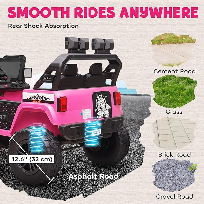 Qaba 24V 2-Seater Kids Ride on Truck Car, 44-50" L Adjustable 4WD Electric Car, 5 MPH Max Speed, Remote Control, Spring Suspension, Storage and LED Lights for Kids Ages 37-95 Months, Pink