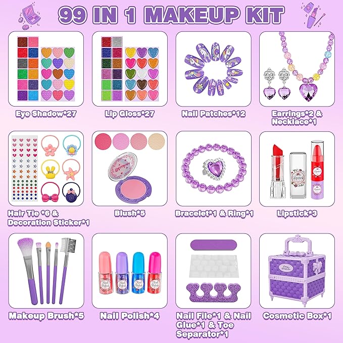 99 Pcs Kids Makeup Kit for Girls, Princess Toys Real Washable Cosmetics Set with Mirror, Hair Ties, Nails, Rings, Earrings, Necklace, Perfect for 3 4 5 6 7 8 Year Old Girls Birthday