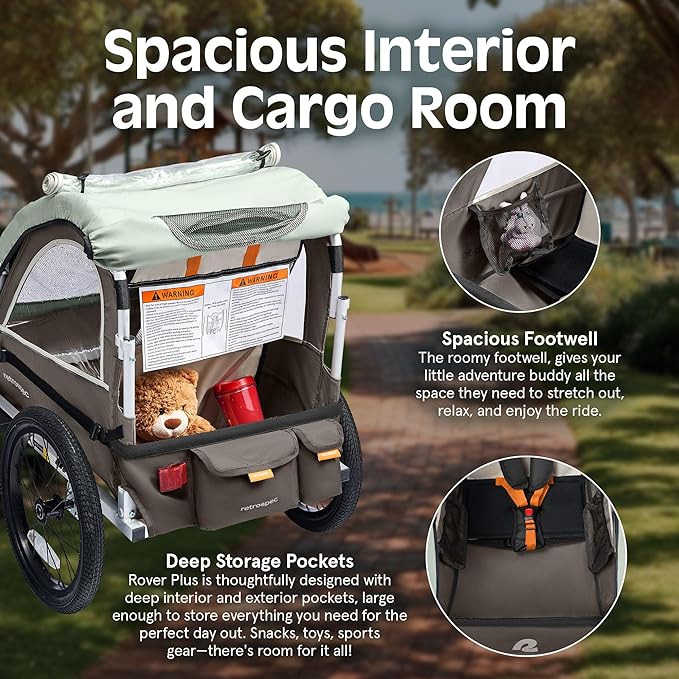 Retrospec Rover Plus Foldable Bike Trailer for Kids, Single/Double Passenger Child Bike Trailer with 5-Point Safety Harness, Reflective, Weather-Resistant Fabric and Safety Flag - Supports 40-80 lbs