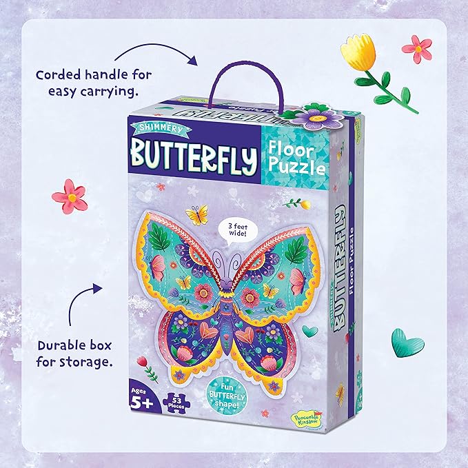 Peaceable Kingdom Shimmery Butterfly Floor Puzzle – 53-Piece Giant Floor Puzzle for Kids Ages 5 & up – Fun-Shaped Puzzle Pieces – Great for Classrooms