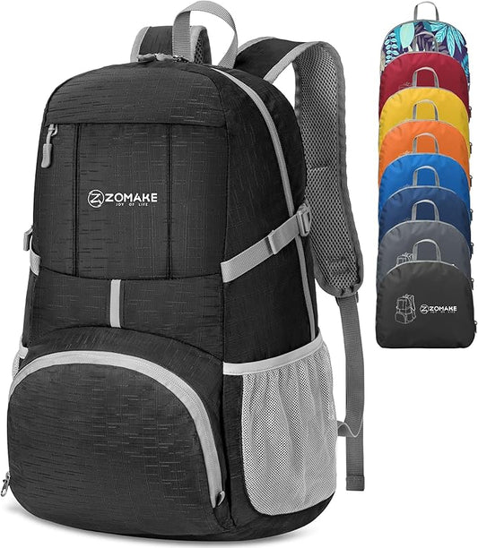 ZOMAKE Lightweight Packable Backpack 35L, Light Foldable Backpacks Water Resistant Collapsible Hiking Bag, Compact Folding Day Pack for Travel Camping(Graphite black)