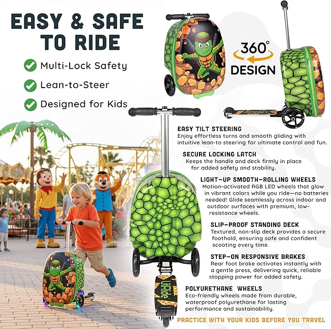 Hardshell Kids Ride-On Luggage with Scooter Suitcase – Carry-On Compliant with LED Light-Up Wheels – Fun and Functional Travel Companion for Children Ages 5–12