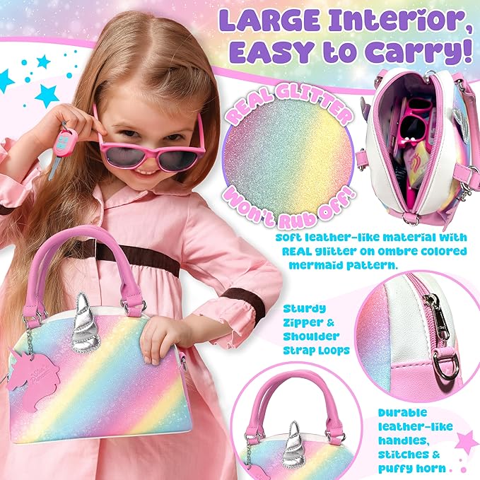 Play Purse for Little Girls and Toddlers - Unicorn Purse Toys for Kids Pretend Play Accessories: Phone, Wallet, Credit Cards, Keys, Pretend Makeup Unicorn Gift for Girl Age 3 4 5 6 7 8 Years and Up