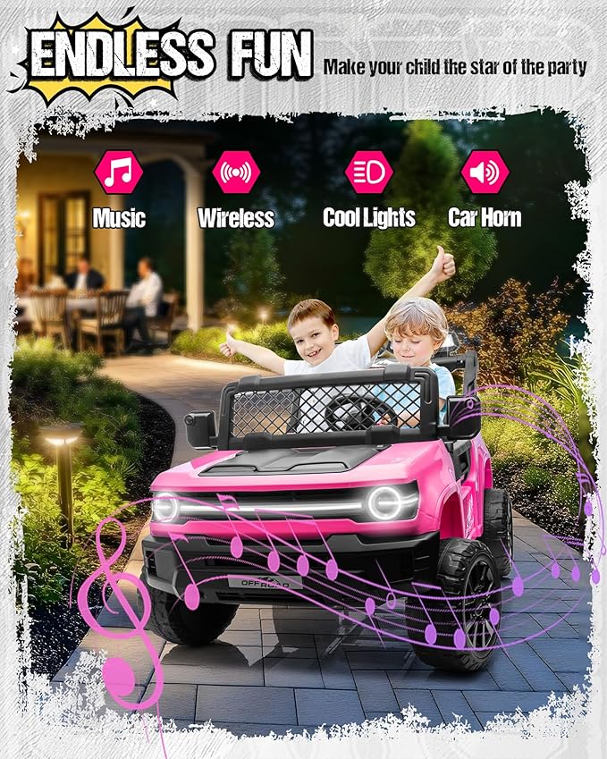 24V Ride on Toys for Big Kids, 2 Seater Electric Car w/22'' Large Seat, Remote Control, Shovel, 4X200W Engines, 4WD/2WD Switchable, Truck Bed Storage, Ride On Truck Toy for Boy Girl, Pink