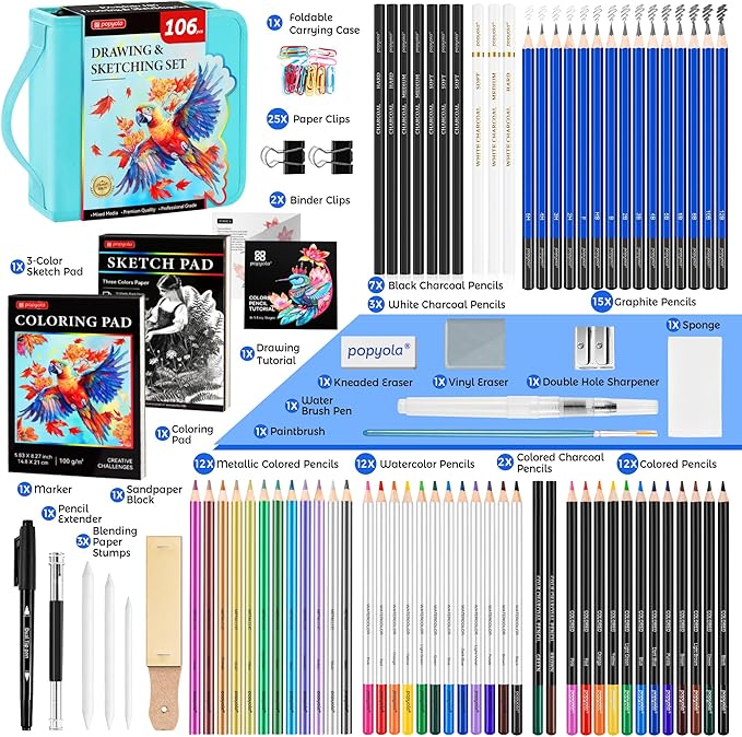 106 Pack Drawing Set Sketching Kit, Pro Art Supplies with 3-Color Sketchbook, Coloring Book, Graphite Colored Charcoal Watercolor & Metallic Pencils, Drawing Supplies Gift Case for Artists Adults Kids