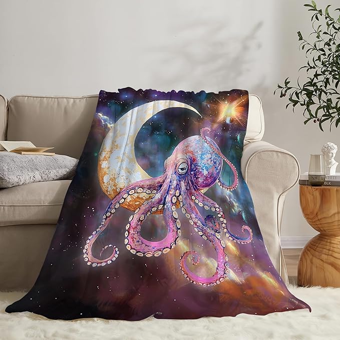 Octopus Blanket Fleece Soft Warm Plush Octopus Moon Galaxy Throw Blanket Lightweight Plush Fuzzy Cozy Funny Animal Blankets for Lover Kids Adult Suitable for Couch Sofa Bed 50"X40"
