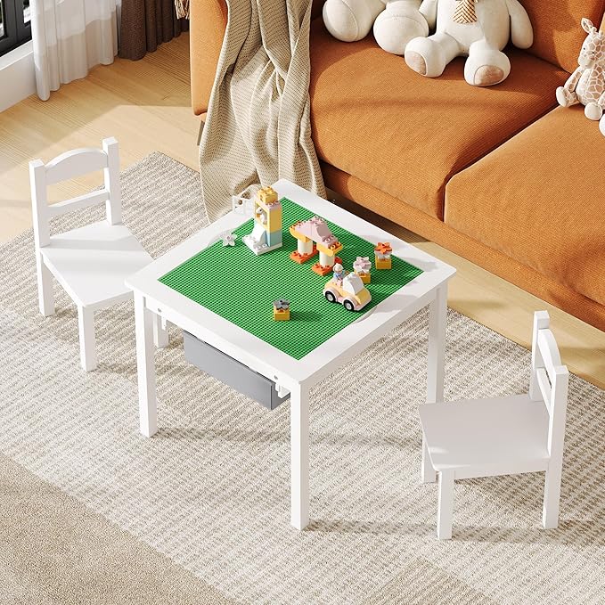 Treocho Wooden Kids Table and Chair Set with Reversible Tabletop, 2 in 1 Toddler Desk with Storage Drawers, Kids Activity Table with Blocks Building Baseplate for Playing, Reading, Drawing, White
