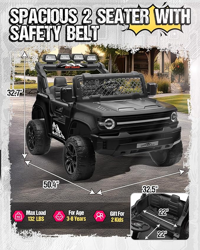 24V Ride on Toys for Big Kids, 2 Seater Electric Car w/22'' Large Seat, Remote Control, Shovel, 4X200W Engines, 4WD/2WD Switchable, Truck Bed Storage, Ride On Truck Toy for Boy Girl, Black