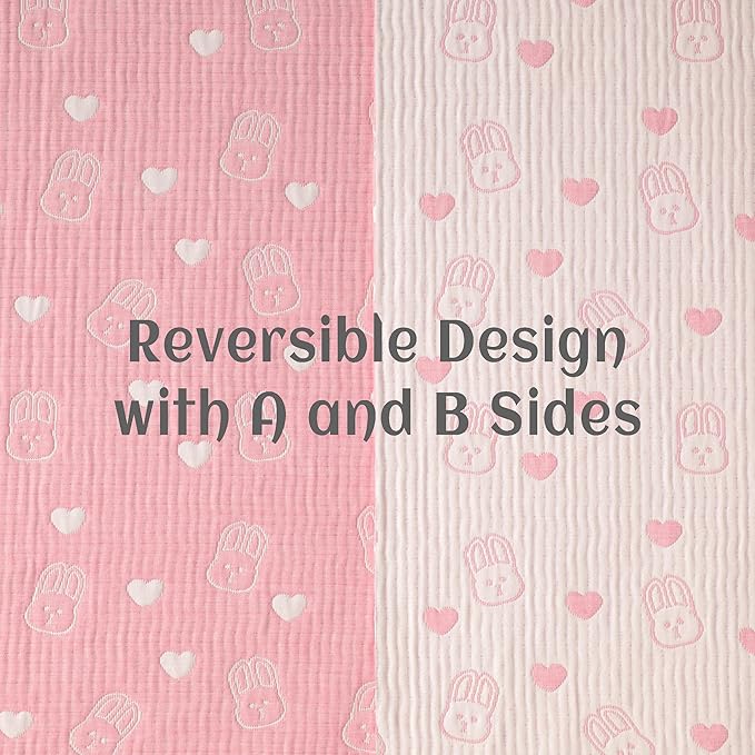 NTBAY 3 Layer Muslin Cotton Toddler Blanket, Jacquard Reversible Nursery Bed Blanket, Super Soft and Thermal for All Seasons, Decoration Gift, 30"x40", Pink Rabbit