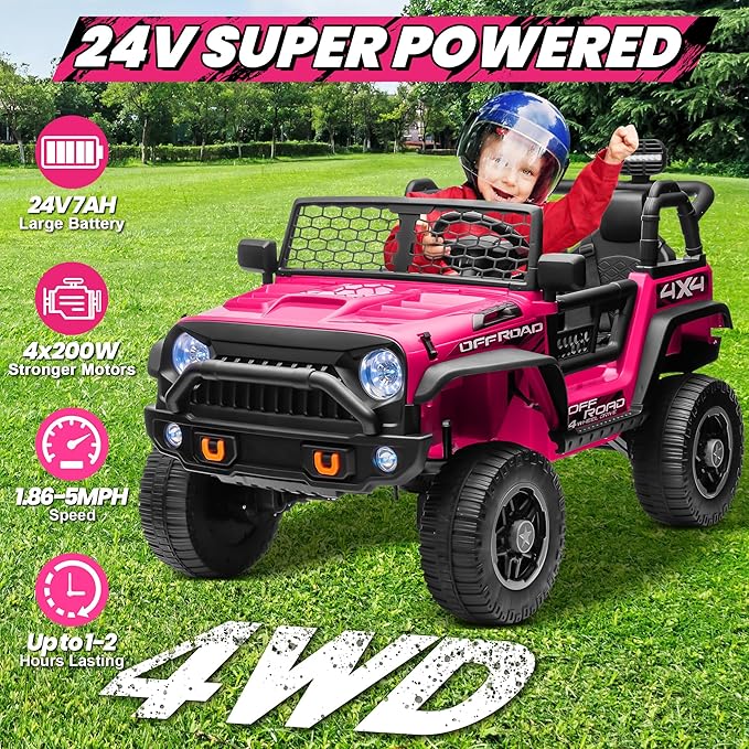 JOYRACER 24V 2 Seater Ride On Toys for Big Kids, 800W Power Truck Wheels with Remote Control, 4WD/2WD Switchable, 20" Spacious Seat, Soft Start, Bluetooth, Electric Car for Kids Ages 3-8, Rose Red