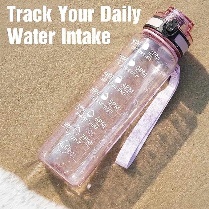 OLDLEY Water Bottle, 32oz Motivational Sports Water Bottle with Time Marker - Times to Drink - Tritan, BPA Free, Wide Mouth Leakproof,Clear Pink
