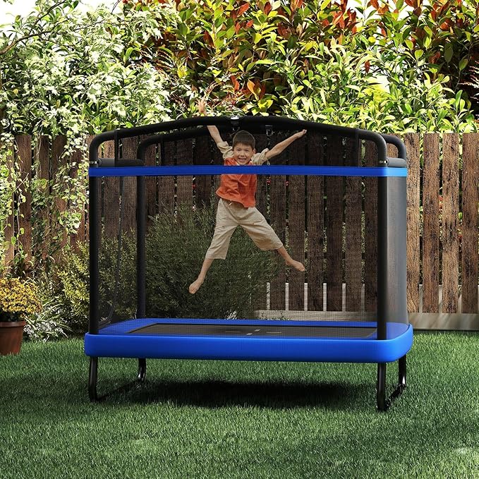 Goplus 6 x 4 FT Rectangle Kids Trampoline, Indoor Outdoor Recreational Trampoline with Swing, Gymnastics Bar & Safety Enclosure Net, ASTM Compliant Gift for Children Boys Girls