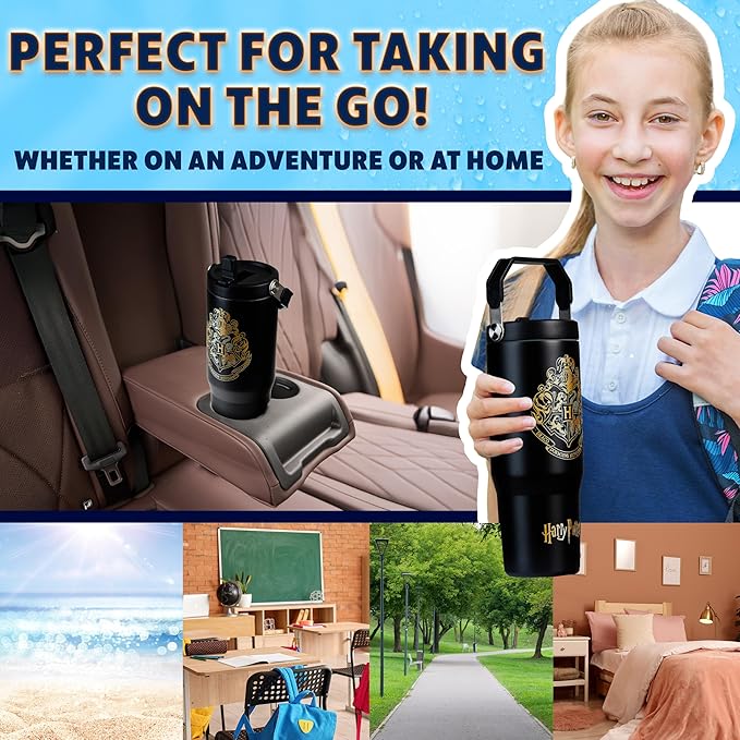 Get Trend Harry Potter Tumbler with Straw 30oz Kids Teens Insulated Cup with Lid Handle Travel Mug Cups with Lids for School Sports Gifts for Kids (Black Harry Potter)