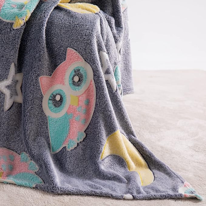 QSTEHEML Owl Glow in The Dark Blanket,Owl Gifts Toys for Kids Boys Age 3-12 Years Old,Birthday, for Child, Toddler, Teen, and Grandkids Soft Throw 50"×60"