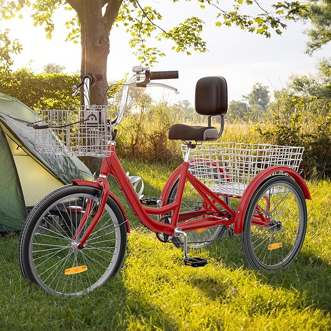 YITAHOME 24 & 26 Inch Adult Tricycle, 1 & 7 Speed 3 Wheel Bikes, Large Seat with Backrest Trike for Adults with Front & Rear Baskets, Cruiser Bike for Seniors Women Men Commute Picnic Outdoor