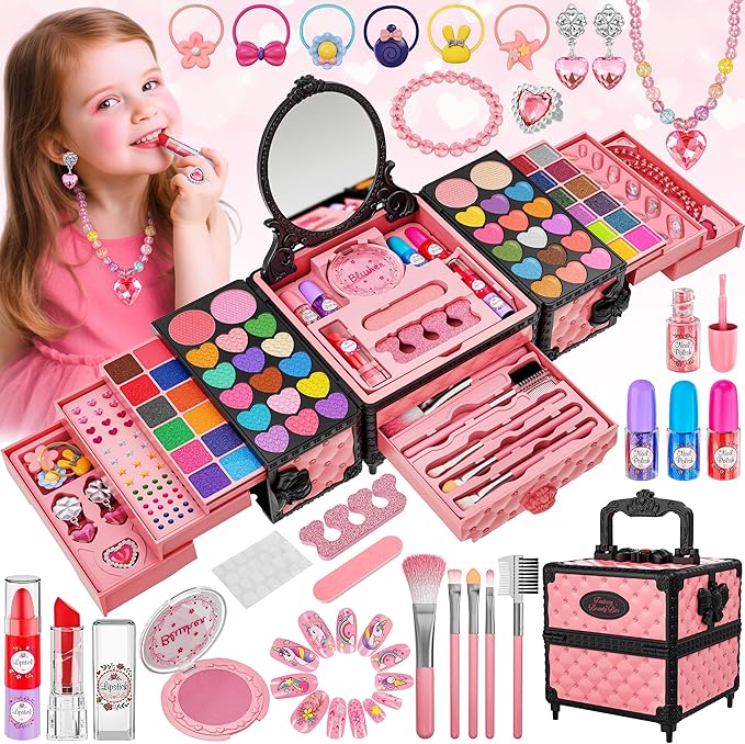 99 Pcs Kids Makeup Kit for Girls, Princess Toys Real Washable Cosmetics Set with Mirror, Hair Ties, Nails, Rings, Earrings, Necklace, Perfect for 3 4 5 6 7 8 Year Old Girls Birthday