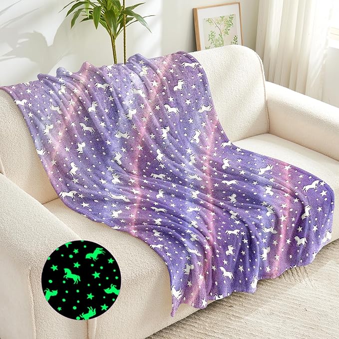 Wajade Unicorn Gifts Toys for Girls - Glow in The Dark Unicorn Blanket Birthday Christmas Decor for Kids Age 3 4 5 6 7 8 9 10 11 12 Years Old Teens Child Toddler Throw Purple 50"x60"
