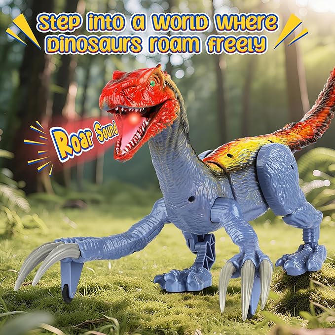 Remote Control Dinosaur Toys for Kids - Big Electronic RC Walking Realistic Dinosaur Toys with Spray & Light & Roar, Jurassic Velociraptor Toy Christmas Birthday Gift for Boys and Girls 3-12 (Blue)