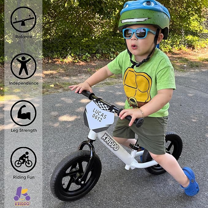KRIDDO Toddler Balance Bike 2 Year Old, Age 24 Months to 5 Years Old, 12 Inch Push Bicycle with Customize Plate (3 Sets of Stickers Included), Gift Bike for 2-3 Boys Girls, White