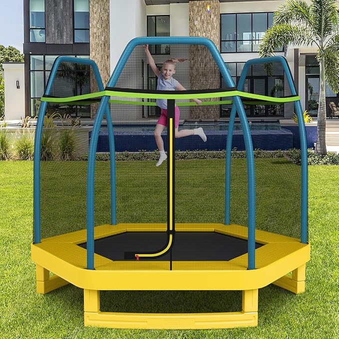 GYMAX Trampoline for Kids, 7FT Toddler Trampoline with Safety Enclosure Net & Seamless Spring Pad, Heavy Duty Small Indoor/Outdoor Trampoline for Boys, Girls Age 3+