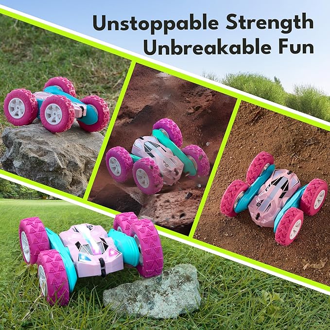 Threeking Remote Control Car RC Cars Toys for Boys Girls Ages 6-12, Upgraded USB-C Modular Batteries, 4WD Stunt Car with Breathing Soft Lights, Double-Sided Driving & 360° Flips, Presents Gifts, Pink