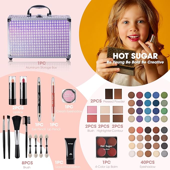 Hot Sugar Makeup Kit for Girls 10-12, Girls Makeup Set Ages 8-12, 14-16 With Aluminum Makeup Case (Purple Houndstooth)