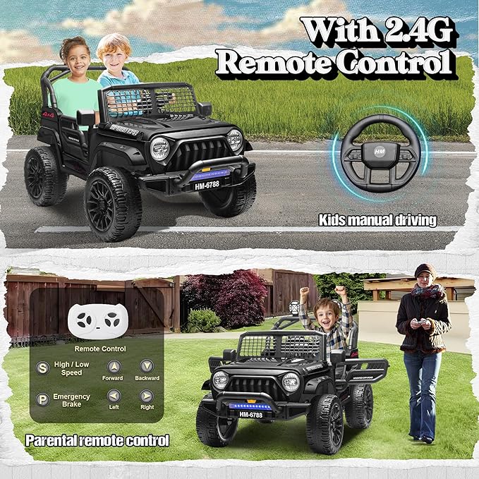 2 Seater Ride on Car for Kids, 24V Electric Power Ride on Truck Toy with Remote Control, 200W Motor, LED Lights, Music, 3 Speed, 4 Wheel Suspension Spring, Soft Start, Safety Belt