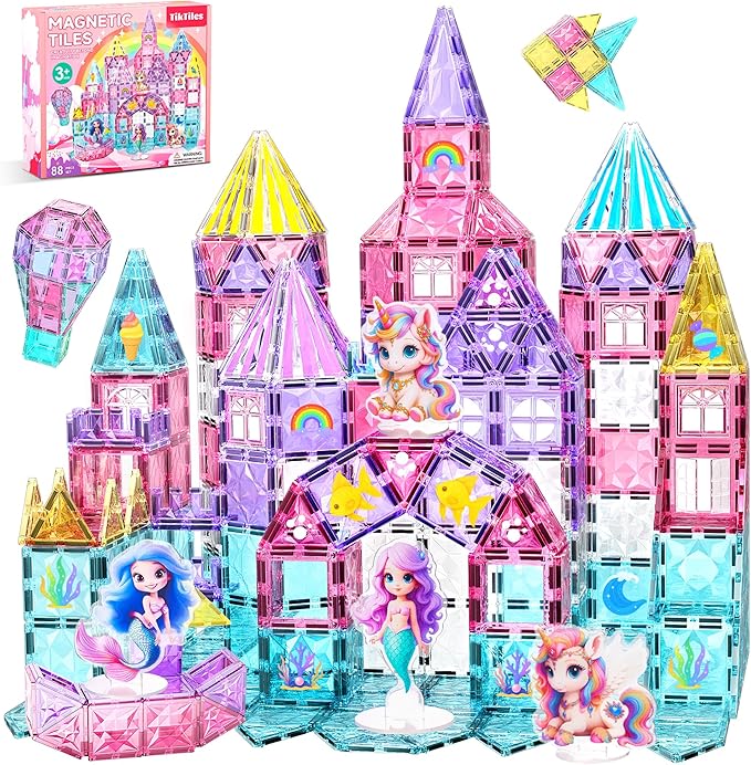 Magnetic Tiles Unicorn Building Toys Set with 4 Dolls, Princess Magnetic Blocks for Kids Ages 3-5 4-8, STEM Educational Sensory Magnet Toys Birthday Gifts for Toddlers Girls Boys