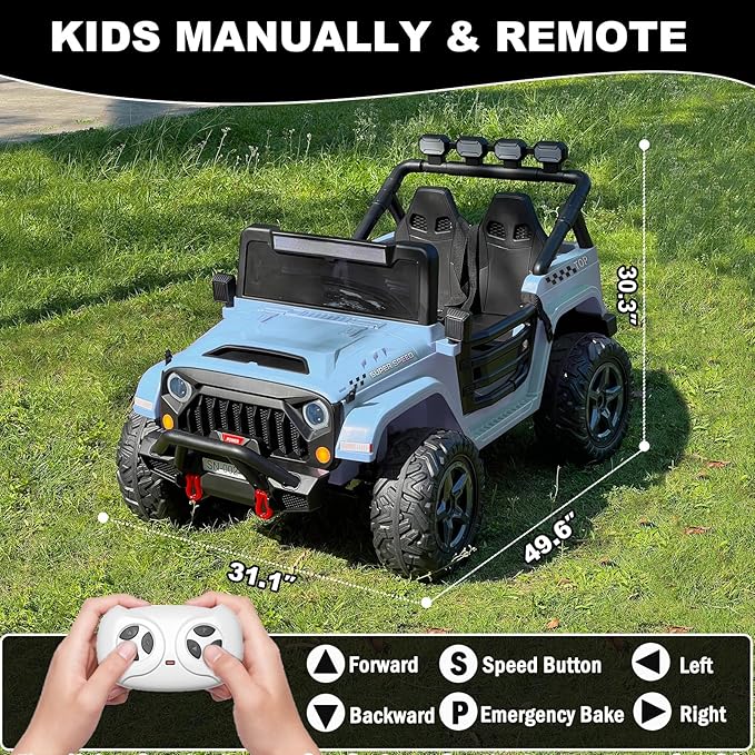 NEWQIDA 24V 2 Seater Ride on Car w/Remote Control 4wd Kids Electric Vehicles Ride on Toys Car, EVA Tires Wheels, 20" Spacious Seat, LED Lights, Music, Spring Suspension, 4x200W Motors, GrayBlue