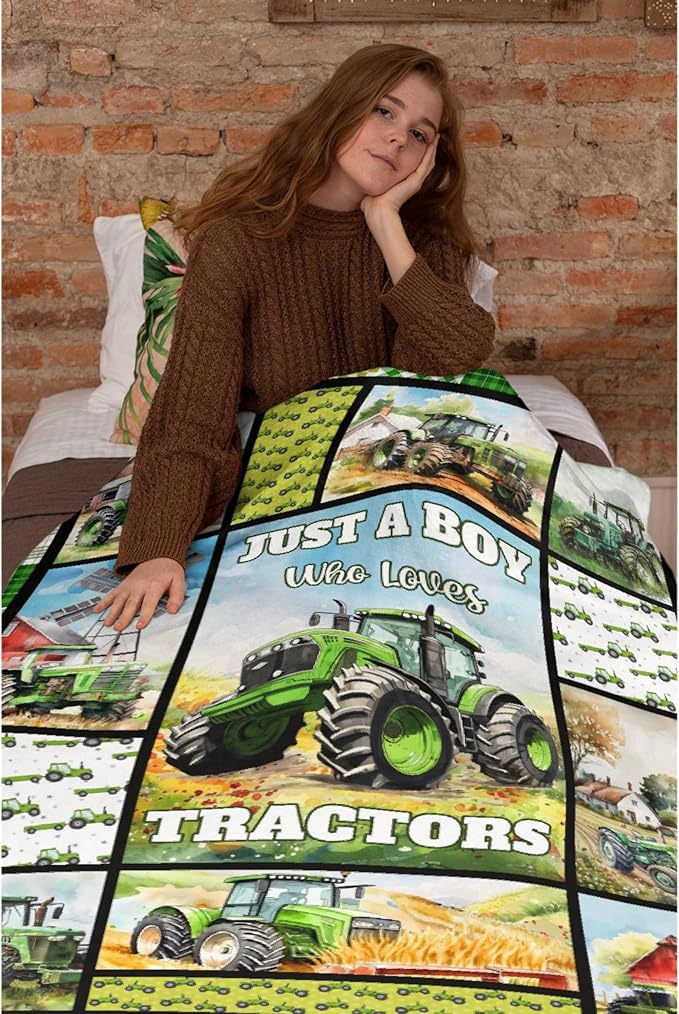 Tractor Blanket Farm Harvester Blankets,Just A Boy Who Loves Tractors Flannel Blanket Gifts for Girls Boys,Soft Warm Lightweight Blanket for Room Decor, 90"x120"for Whole Family