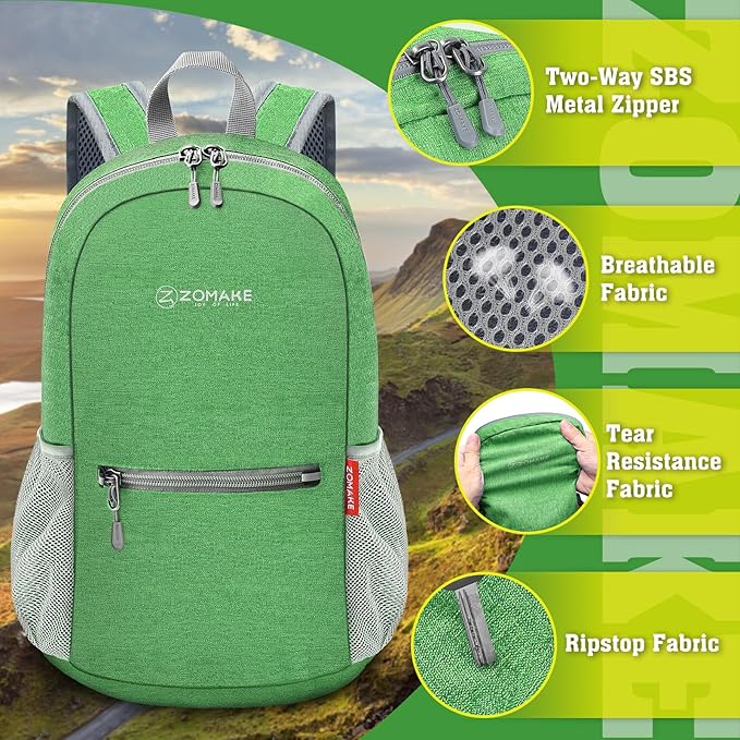 ZOMAKE 10L Lightweight Packable Hiking Backpack - Small Travel Hiking Daypack for Women Men - Tear Resistant Foldable Day Pack for Camping Outdoor Sports(Dark Green)