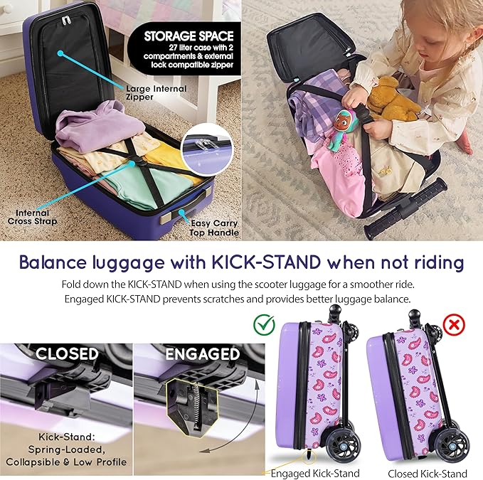 KIDDIETOTES Sesame Street 4-in-1 Detachable Scooter Luggage for Kids – Abby Cadabby – Ride-On Suitcase with Removable Luggage Body, Adjustable Handlebar, Durable Deck & Brake – Carry-On Travel Bag