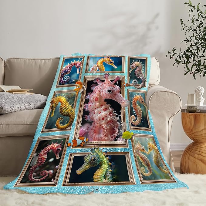 Seahorse Blanket Fleece Soft Warm Plush Ocean Animal Throw Blanket Lightweight Plush Fuzzy Cozy Marine Life Blankets for Lover Kids Adult Suitable for Couch Sofa Bed 50"X40"