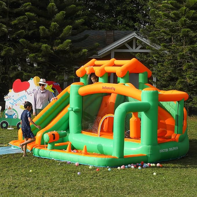 Bounce House Inflatable Waterslide Kids Bouncy Catle Dual Slides Water Park with Slip and Slide for Wet and Dry