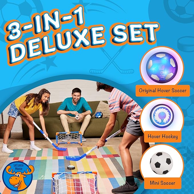 Let Loose Moose Hockey & Hover Soccer Ball Indoor 3-in-1 Set for Kids Aged 4-6, 6-8, 8-12 - Indoor Hockey and Soccer Toys Game Set for Boys and Girls