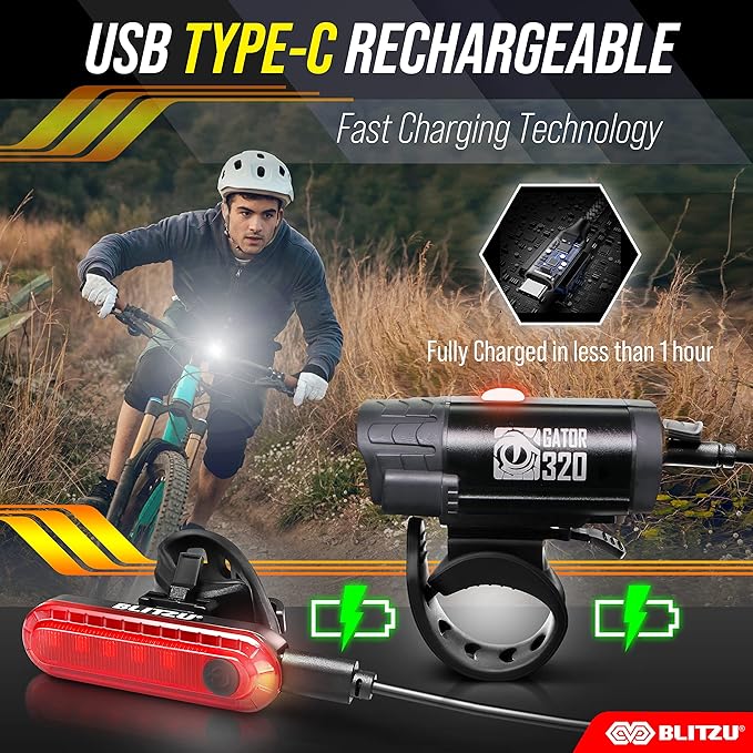 BLITZU Bike Lights, Super Bright Bicycle USB-C Rechargeable Headlight, Taillight & Bike Set, Waterproof Safety Front & Rear Back light for Night Riding, Easy to Install for Men Women Kids Road Cycling