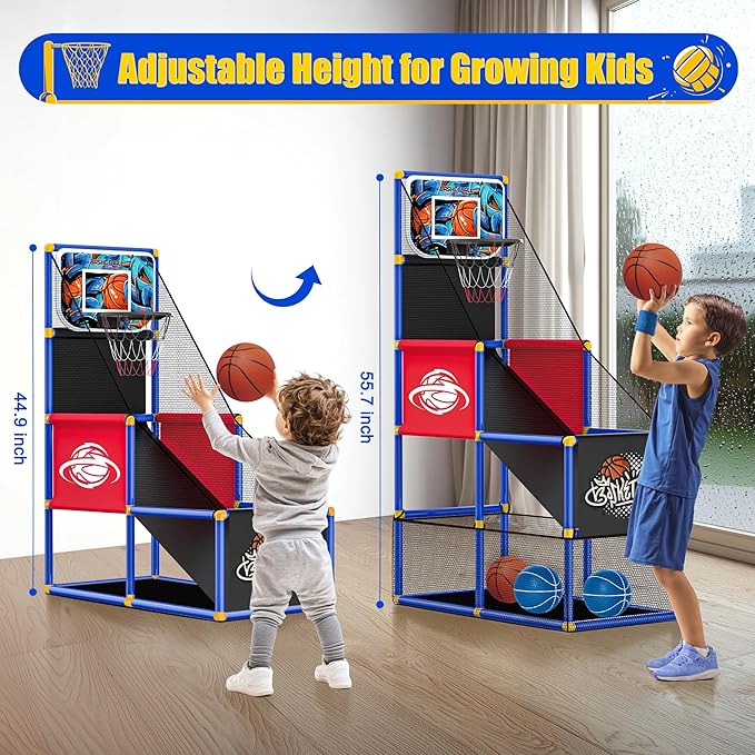 Adjustable Basketball Hoop for Kids Toddler Ages 3-8, Side-Mount & Top-Mount, Indoor Outdoor Carnival Games Competitions, Gift Boys & Girls Beg for, Rain or Shine, The Game Never Stops