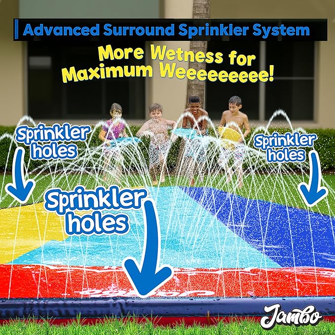 JAMBO XL 20Ft Premium 3 Lane Slip Splash and Slide with 3 Bodyboards, Heavy Duty Water Slide- Advanced 3-Way Water Sprinkler System, Backyard Waterslide Outdoor Water Toys n Slides for Kids Splash Pad