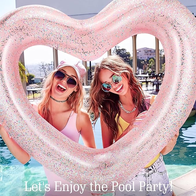 HeySplash Pool Floats, Adult Size Heart Inflatable Pool Floatie for Bachelorette Party, Swim Tube Rings, River Lake Beach Floaty, Wedding Bride Valentine Fun Toy Raft Lounge for Kids,Glitter Rose Gold
