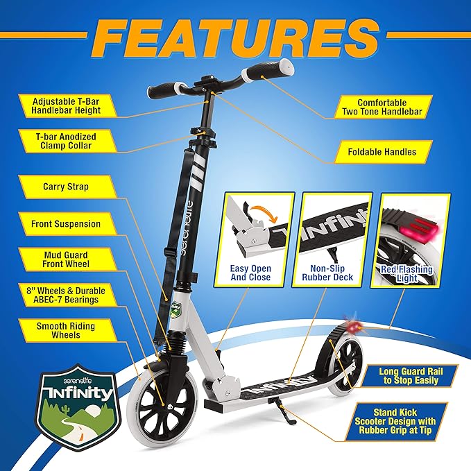 SereneLife Kick Scooter Adult Teenagers Kids- 2 Wheel Kids Scooter with Adjustable T-Bar Handlebar - Alloy Anti-Slip Deck - Portable Folding Scooters for Kids with Carrying Strap