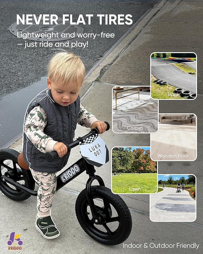 KRIDDO Toddler Balance Bike 2 Year Old,12 Inch Push Bicycle with Customize Plate (3 Sets of Stickers Included), Steady Balancing, Gift Bike for 2-5 Boys Girls, Black