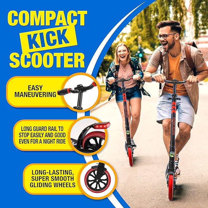 SereneLife Kick Scooter Adult Teenagers Kids- 2 Wheel Kids Scooter with Adjustable T-Bar Handlebar - Alloy Anti-Slip Deck - Portable Folding Scooters for Kids with Carrying Strap