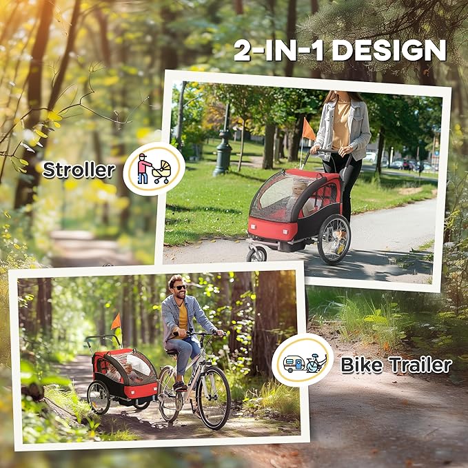 Aosom Elite 360 Swivel Bike Trailer for Kids Double Child Two-Wheel Bicycle Cargo Trailer with 2 Security Harnesses