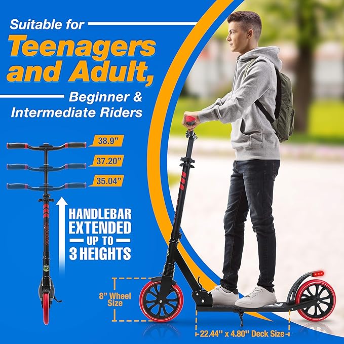 SereneLife Kick Scooter Adult Teenagers Kids- 2 Wheel Kids Scooter with Adjustable T-Bar Handlebar - Alloy Anti-Slip Deck - Portable Folding Scooters for Kids with Carrying Strap