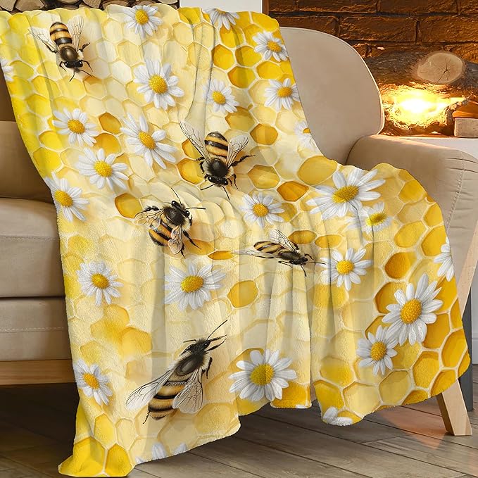 Bee Blanket Honey Bee Throw Blanket Gifts for Girls Women Kids Boys Adults Men Super Soft Cozy Plush Fluffy Fuzzy Fleece Blanket Home Decor 50''X60''