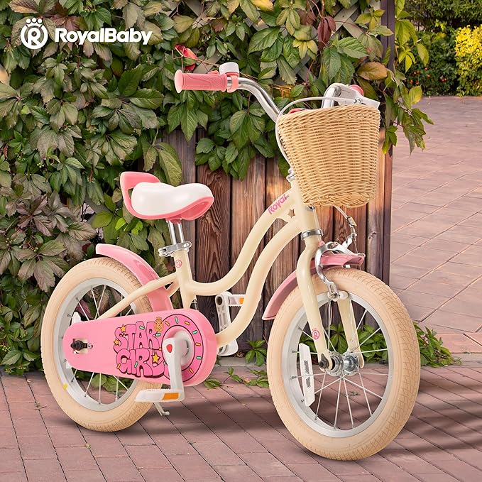 RoyalBaby Girls Bike EZ Kids Bike Stargirl Training Free Balance to Pedal Easy Learning Bicycle, 12 Inch for Toddlers & Big Kids, Cream White Pink