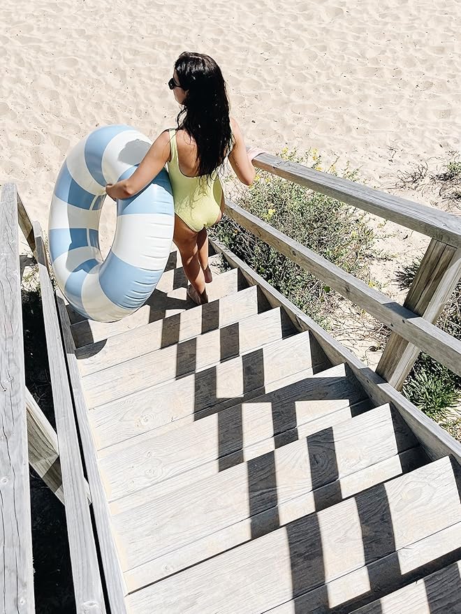 Petites-Pommes Swimming Tube for Adults - Durable Inner Tube, Handprinted Classic Striped Design Pool Tubes, Soft Comfort Seaming, Packable Floats for Travel, Light Blue, 47 inch