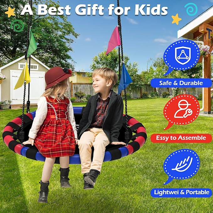 Saucer Swing, 40 Inch Swing Sets for Backyard and Outdoor Playground, 900lbs Weight Capacity, with 360 Degree Swivel, Gifts for Kids, Blue and Red