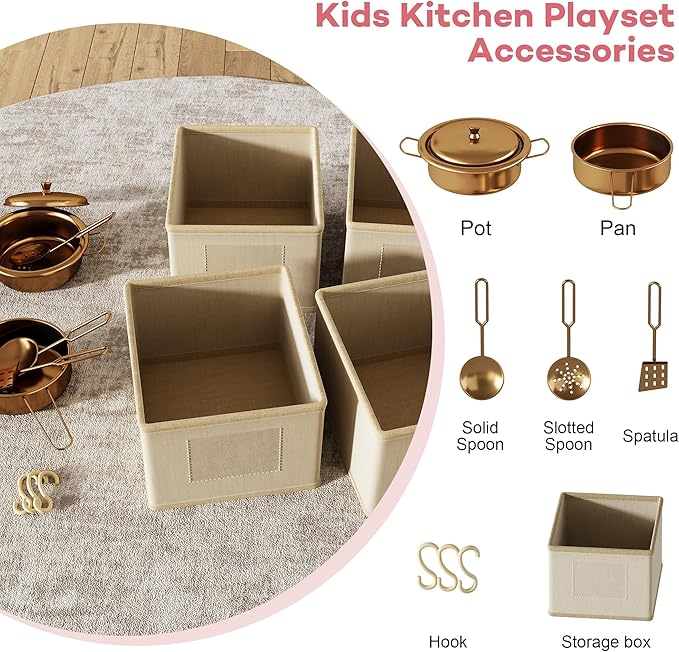 Play Kitchen for Kids, Wooden Toy Kitchen Set with Smart Storage & Accessories, Toddler Kitchen Playset with Stove & Oven, Pretend Play Set, Gift for Ages 3-8, Pink